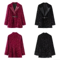 Women's Fashion Sequin Blazer Long Sleeve Jacket With PU Leather Lapel And Belt Deep Red Black Shiny Coat For Party Streetwear