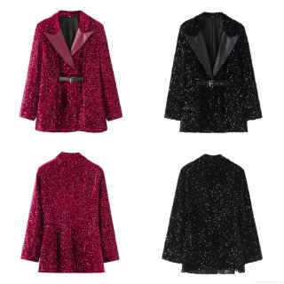 Women's Fashion Sequin Blazer Long Sleeve Jacket With PU Leather Lapel And Belt Deep Red Black Shiny Coat For Party Streetwear