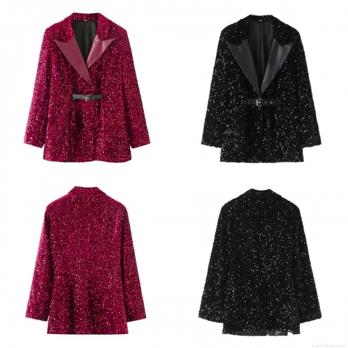 Women's Fashion Sequin Blazer Long Sleeve Jacket With PU Leather Lapel And Belt Deep Red Black Shiny Coat For Party Streetwear