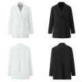Women Double Breasted Solid Color Blazer Polyester Spandex Blend Mid-Length Long Sleeve Suit Jacket For Spring Autumn Office Work Lady Outwear
