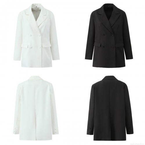 Women Double Breasted Solid Color Blazer Polyester Spandex Blend Mid-Length Long Sleeve Suit Jacket For Spring Autumn Office Work Lady Outwear