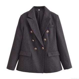 Women's Fashion Double Breasted Woolen Texture Blazer Jacket With Gold Lion Buttons Long Sleeve Padded Shoulder Lapel Suit For Office Streetwear