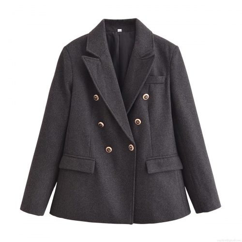 Women's Fashion Double Breasted Woolen Texture Blazer Jacket With Gold Lion Buttons Long Sleeve Padded Shoulder Lapel Suit For Office Streetwear