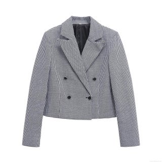 Women's Houndstooth Blazer Double Breasted Lapel Long Sleeve Short Jacket Casual Polyester Office Streetwear Outwear For Women