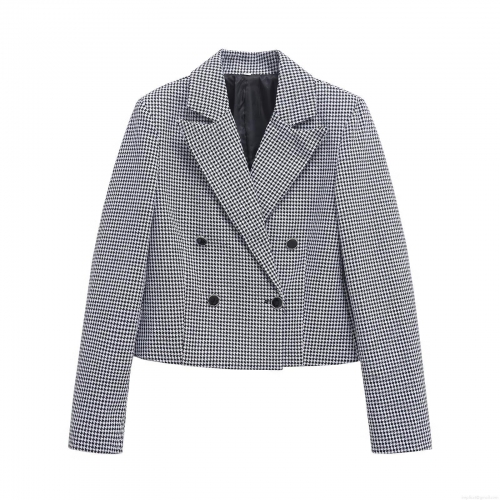 Women's Houndstooth Blazer Double Breasted Lapel Long Sleeve Short Jacket Casual Polyester Office Streetwear Outwear For Women