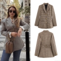Women's Retro Houndstooth Plaid Blazer Jacket Fashion Long Sleeve Lapel Coat With Gold Buttons Office Daily Streetwear Outwear