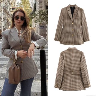 Women's Retro Houndstooth Plaid Blazer Jacket Fashion Long Sleeve Lapel Coat With Gold Buttons Office Daily Streetwear Outwear