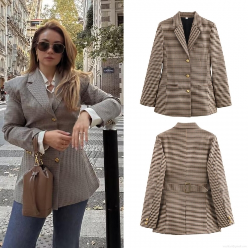 Women's Retro Houndstooth Plaid Blazer Jacket Fashion Long Sleeve Lapel Coat With Gold Buttons Office Daily Streetwear Outwear