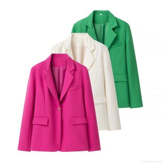 Fashion Women Solid Color Blazer Jacket Elegant Lapel One Button Long Sleeve Office Lady Commuter Suit With Pockets Polyester Outerwear