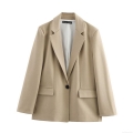 Women's Straight Fit Shoulder Pad Blazer Jacket Single Button Khaki Mid-Length Twill Outerwear For Office Daily Streetwear Lady Casual Coat
