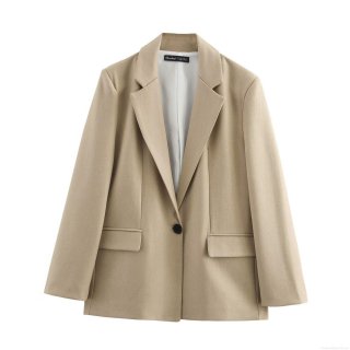 Women's Straight Fit Shoulder Pad Blazer Jacket Single Button Khaki Mid-Length Twill Outerwear For Office Daily Streetwear Lady Casual Coat