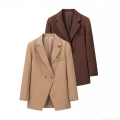 Women's Fashion Loose Blazer Jacket Casual Solid Color Double Breasted Polyester Mid-Length Suit Coat For Office Streetwear Spring Autumn