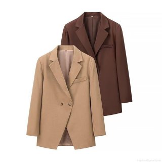 Women's Fashion Loose Blazer Jacket Casual Solid Color Double Breasted Polyester Mid-Length Suit Coat For Office Streetwear Spring Autumn