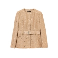 Women's Elegant Champagne Gold Sequin Tweed Blazer Jacket With Waist Belt Metal Buckle Round Neck Mid-Length Slim Fit Outerwear For Office Work Party