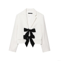 Women's White Cropped Blazer Jacket with Oversized Black Satin Bows Long Sleeve Textured Woven Lapel Streetwear Outerwear for Party Casual Spring Autumn