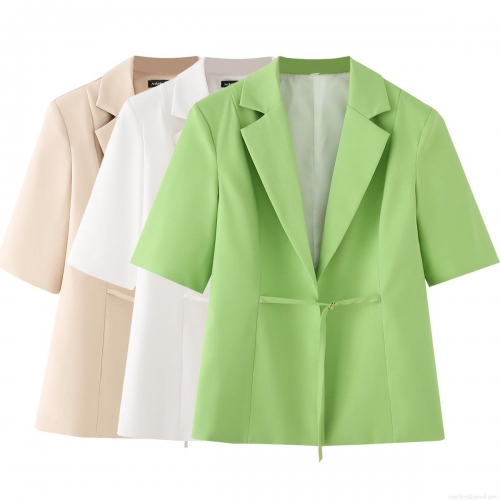 Women's Short Sleeve Blazer Jacket Polyester Slim Fit Belted Waist Suit Lapel Office Lady Solid Color Fashion Outerwear
