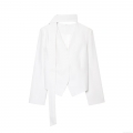 Women's Fashion White Scarf Neck Blazer Long Sleeve Single Breasted Woven Jacket Slim Fit Solid Casual Office Tops Streetwear