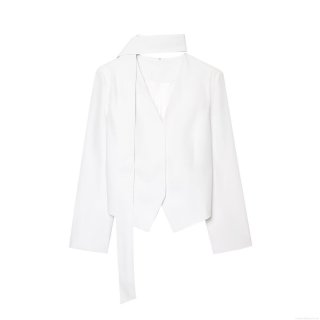 Women's Fashion White Scarf Neck Blazer Long Sleeve Single Breasted Woven Jacket Slim Fit Solid Casual Office Tops Streetwear