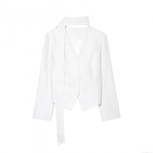 Women's Fashion White Scarf Neck Blazer Long Sleeve Single Breasted Woven Jacket Slim Fit Solid Casual Office Tops Streetwear