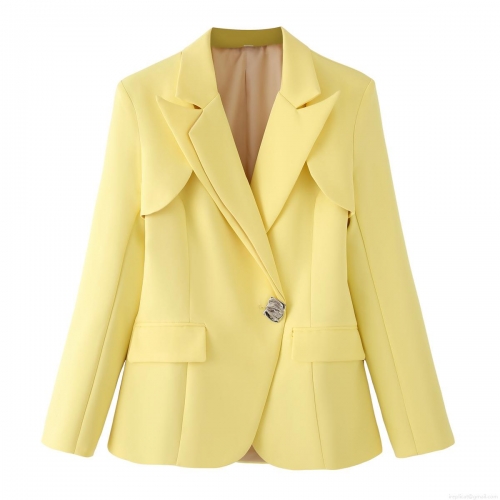 Women's Open Back Blazer Jacket Polyester Long Sleeve Solid Color Lemon Yellow One Button Cutout Suit Outerwear Streetwear Style Casual Party Women