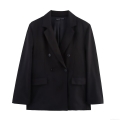 Women's Double Breasted Blazer With Shoulder Pads Solid Black Polyester Notched Lapel Casual Loose Jacket For Office Daily Streetwear