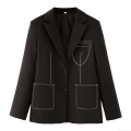 Women's Loose Fit Contrast Stitching Blazer Jacket Black Single Breasted Lapel Long Sleeve Polyester Outerwear Streetwear Fashion Coat For Daily Wear