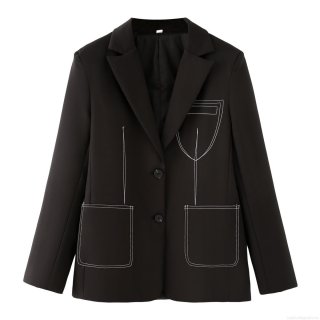 Women's Loose Fit Contrast Stitching Blazer Jacket Black Single Breasted Lapel Long Sleeve Polyester Outerwear Streetwear Fashion Coat For Daily Wear