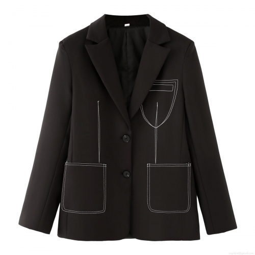 Women's Loose Fit Contrast Stitching Blazer Jacket Black Single Breasted Lapel Long Sleeve Polyester Outerwear Streetwear Fashion Coat For Daily Wear