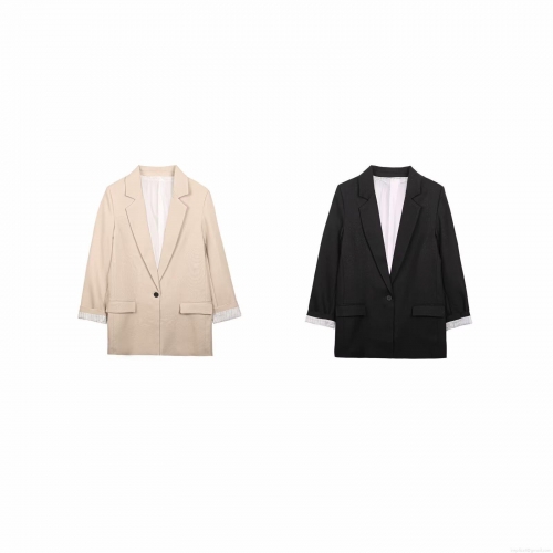Women's Casual Blazer Jacket Lapel Long Sleeve Single Button Suit Coat With Striped Cuffs Mid-Length Streetwear For Office Daily Lady