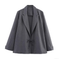 Women Blazer Jacket Lapel Long Sleeve Bow Tie Waist Polyester Casual Office Outerwear Minimalist Streetwear Solid Color Mid-Length Splicing Coat