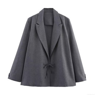 Women Blazer Jacket Lapel Long Sleeve Bow Tie Waist Polyester Casual Office Outerwear Minimalist Streetwear Solid Color Mid-Length Splicing Coat