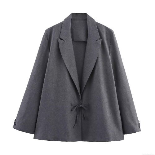 Women Blazer Jacket Lapel Long Sleeve Bow Tie Waist Polyester Casual Office Outerwear Minimalist Streetwear Solid Color Mid-Length Splicing Coat