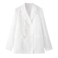 Women's White Jacquard Chiffon Blazer Double Breasted Long Sleeve Lapel Semi Transparent Loose Streetwear Casual Outerwear Jacket For Summer Ladies