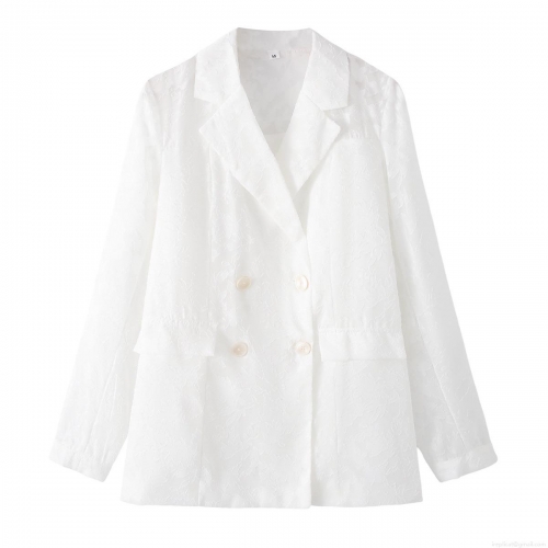 Women's White Jacquard Chiffon Blazer Double Breasted Long Sleeve Lapel Semi Transparent Loose Streetwear Casual Outerwear Jacket For Summer Ladies