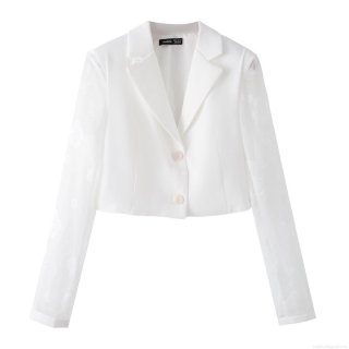 Women's Fashion White Crop Blazer Jacket With Lace Embroidery Long Sleeve Lapel Single Breasted Short Suit Jacket For Daily Street Style Women