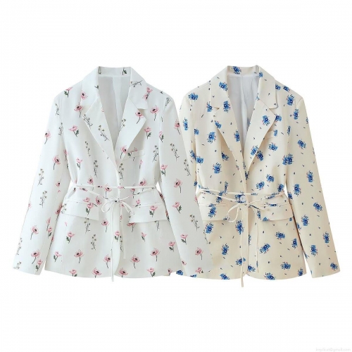 Women's Floral Print Polyester Blazer Notched Lapel Long Sleeve Suit Jacket With Waist Tie Chic Streetwear Fall Outerwear For Women Daily Commute