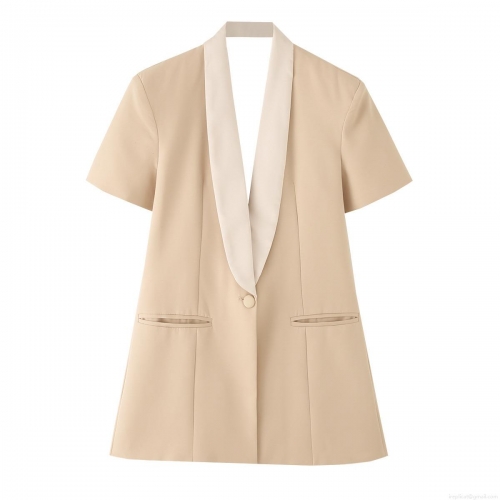 Women Backless Short Sleeve Blazer Chic Contrast Shawl Collar Cut Out V-Back Single Breasted Polyester Woven Suit Jacket For Office Commute Party Streetwear