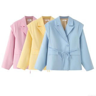 Women's Long Sleeve Lapel Blazer Outerwear Polyester Twill Solid Color With Waist Tie Pocket Loose Fit Casual Office Lady Suit Jacket