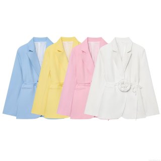 Women's Elegant 3D Flower Decoration Blazer Jacket Tie Waist Lapel Solid Color Long Sleeve Polyester Outerwear For Office Party Autumn Fashion