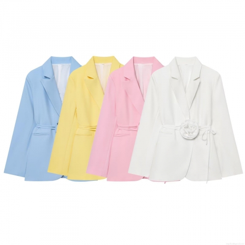 Women's Elegant 3D Flower Decoration Blazer Jacket Tie Waist Lapel Solid Color Long Sleeve Polyester Outerwear For Office Party Autumn Fashion