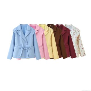 Women's Notch Lapel Long Sleeve Blazer Jacket Polyester Tie Waist Slim Fit Solid Color Floral Print Outerwear Street Style Lady Coat