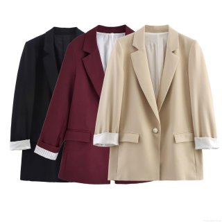 Women's Notched Lapel Single Button Blazer Solid Color Long Sleeve Suit Jacket With Striped Cuffs For Office Business Casual Work Wear Autumn Streetwear