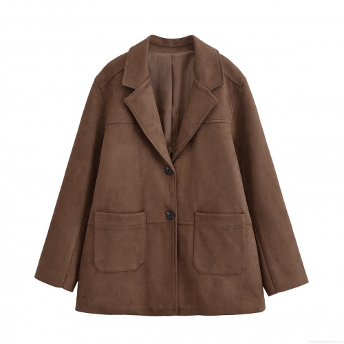 Women's Autumn Suede Suit Jacket Long Sleeve Lapel Solid Color Blazer With Double Buttons Large Patch Pockets European Street Style Outwear Coat For Women
