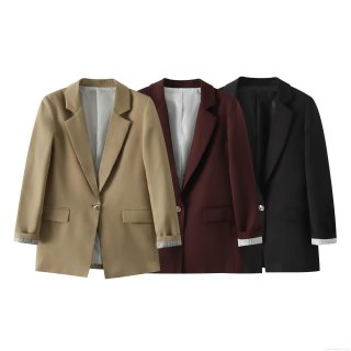 Women's Lapel Long Sleeve Single Button Suit Jacket Casual Office Blazer With Striped Lining Polyester Solid Color Streetwear Outerwear For Women