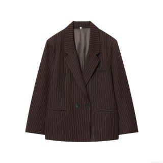 Women's Double Breasted Pinstripe Blazer Jacket Long Sleeve Loose Fit Lapel Suit Coffee Striped Outerwear For Office Business Casual Autumn Winter