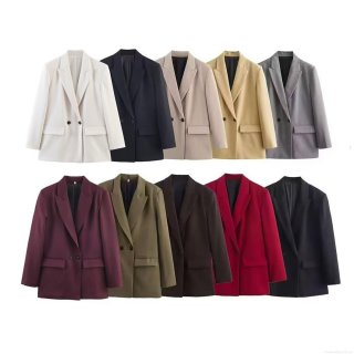 Women's Double Breasted Blazer Jacket Notch Lapel Long Sleeve Office Lady Suit Solid Color Striped Streetwear Casual Outerwear