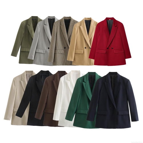 Women Elegant Long Sleeve Blazer Jacket 100% Polyester Solid Color Houndstooth Notch Lapel Casual Loose Fit Suit Coat Outerwear for Office Work Professional Commute Autumn Fashion