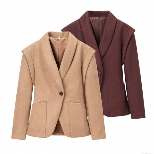 Women's Faux Suede Blazer Jacket Single Button Lapel Waist Drawstring Slim Fit Long Sleeve Outerwear Autumn Winter Streetwear Khaki Wine Red Fashion Coat For Ladies