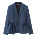 Women's Dark Blue Pinstripe Blazer Jacket With Peplum Hem Single Breasted Long Sleeve Striped Suit Coat For Office Streetwear Casual Chic