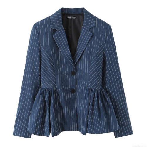 Women's Dark Blue Pinstripe Blazer Jacket With Peplum Hem Single Breasted Long Sleeve Striped Suit Coat For Office Streetwear Casual Chic